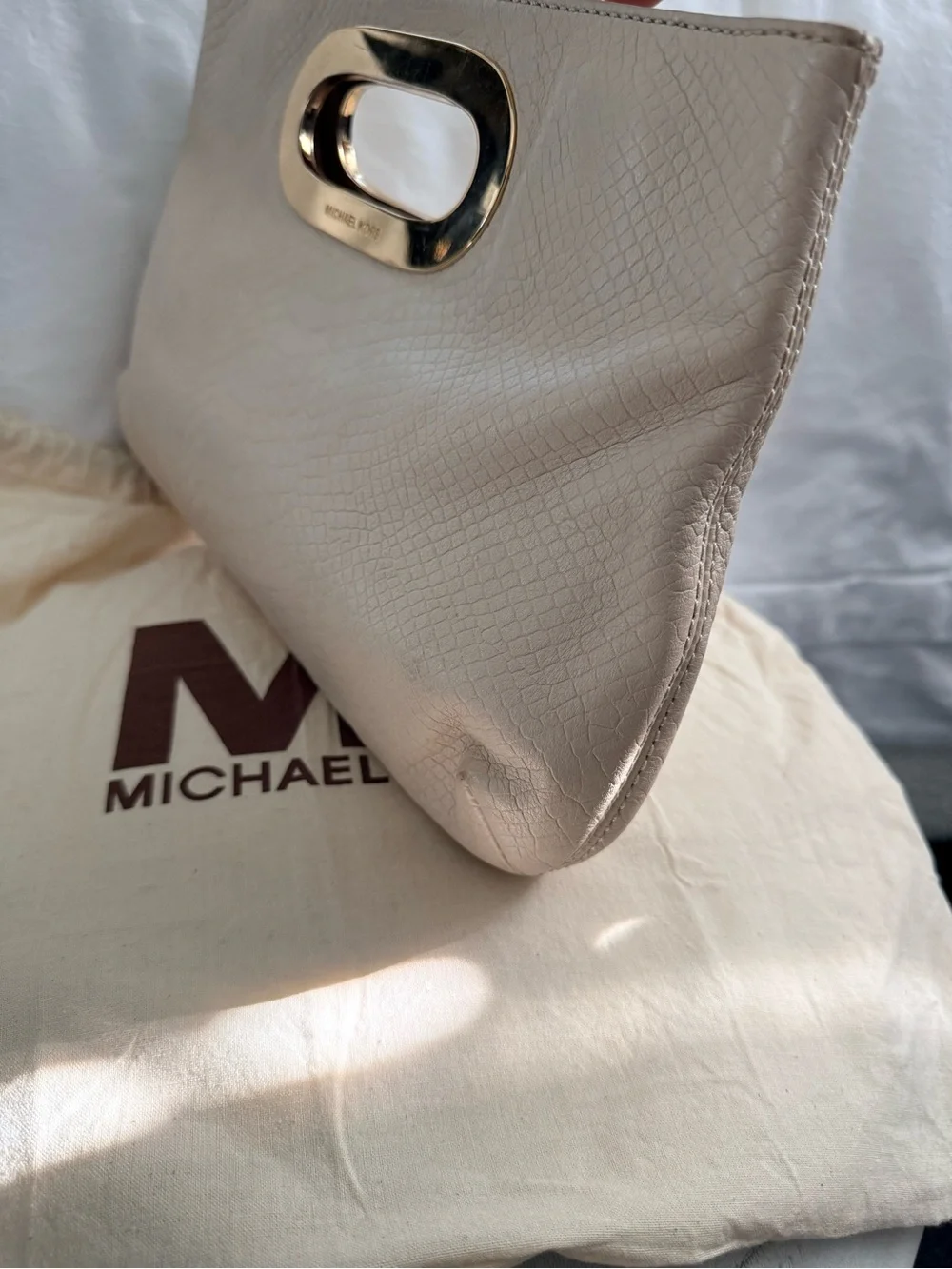 Michael Kors Ivory Leather Handheld Clutch with Gold-Tone Handle